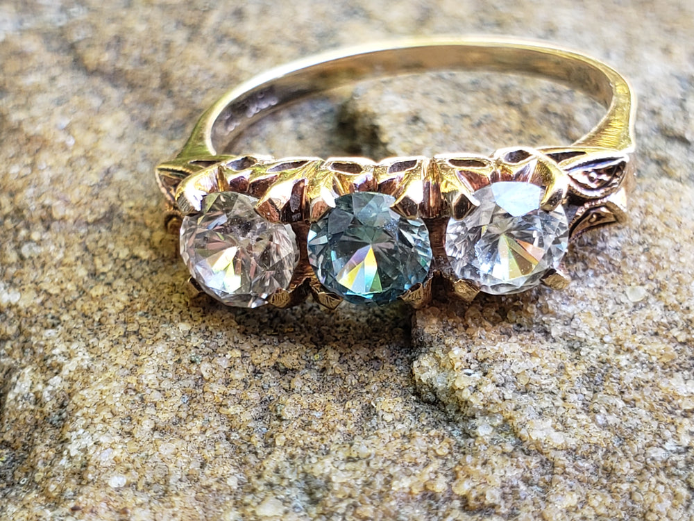 Art Deco Three Stone Ring / Blue Zircon Three stone ring