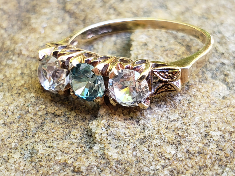 Art Deco Three Stone Ring / Blue Zircon Three stone ring