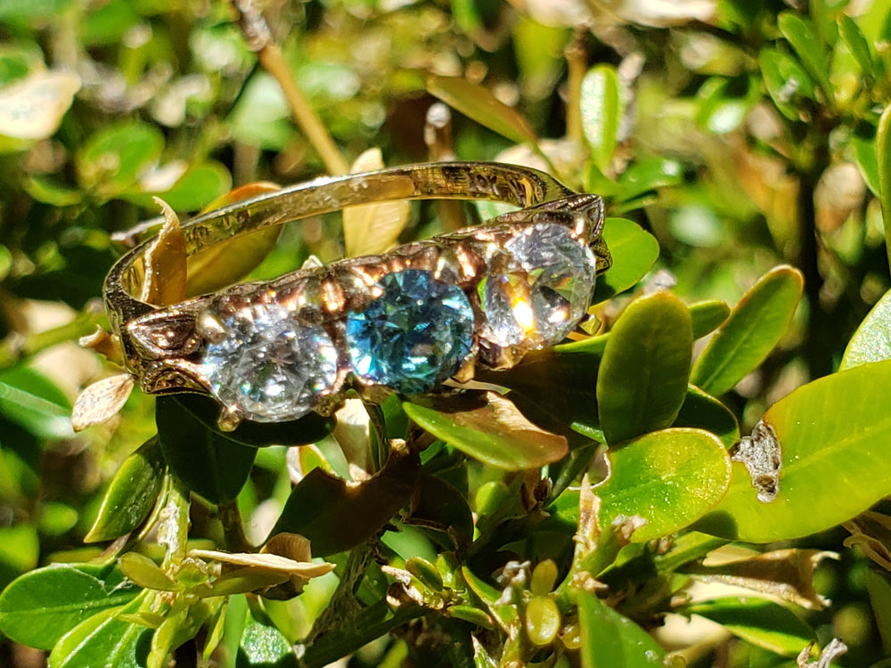 Art Deco Three Stone Ring / Blue Zircon Three stone ring