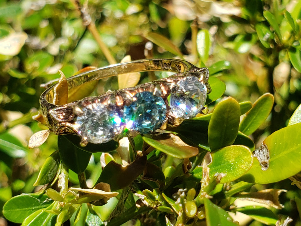 Art Deco Three Stone Ring / Blue Zircon Three stone ring