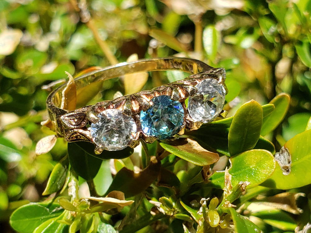 Art Deco Three Stone Ring / Blue Zircon Three stone ring