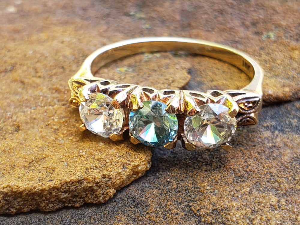 Art Deco Three Stone Ring / Blue Zircon Three stone ring