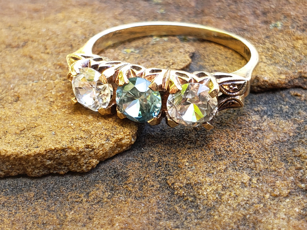 Art Deco Three Stone Ring / Blue Zircon Three stone ring