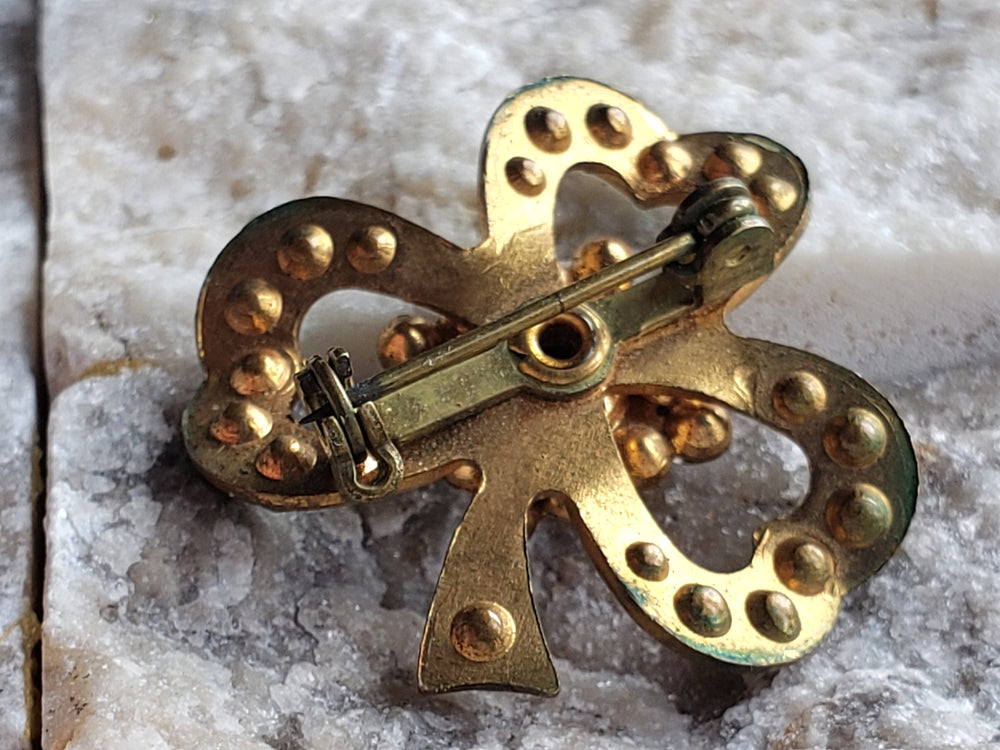 Irish Shamrock brooch / Rhinestone Green Three Leaf Clover / Vintage Brooch