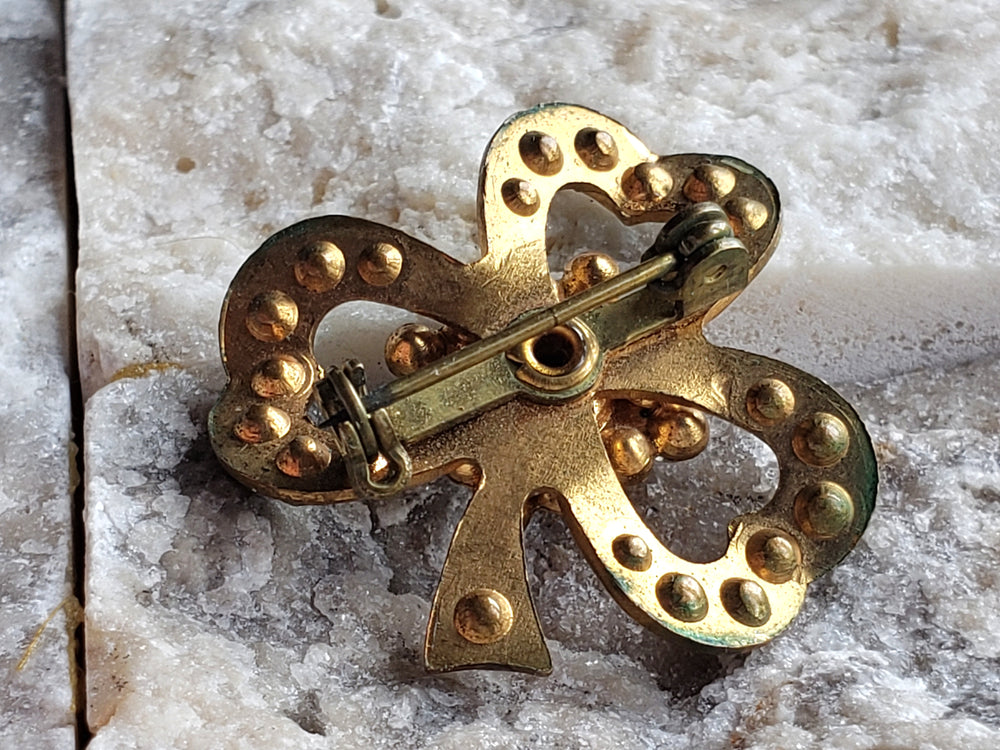 Irish Shamrock brooch / Rhinestone Green Three Leaf Clover / Vintage Brooch