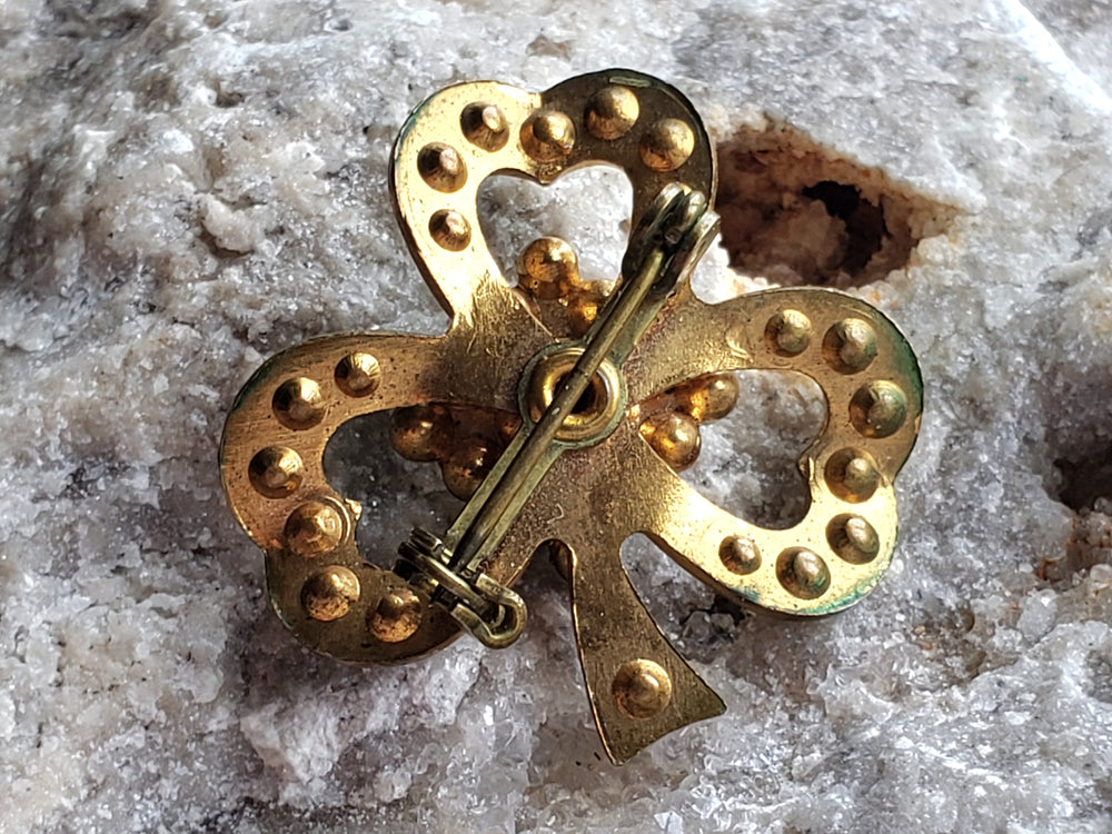 Irish Shamrock brooch / Rhinestone Green Three Leaf Clover / Vintage Brooch