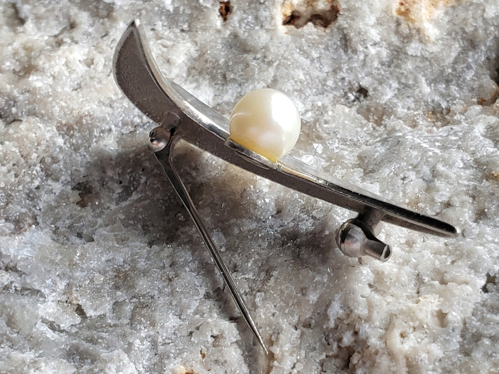 1940s Mikimoto Akoya Pearl Brooch, Sterling Silver Japanese Cultured Pearl