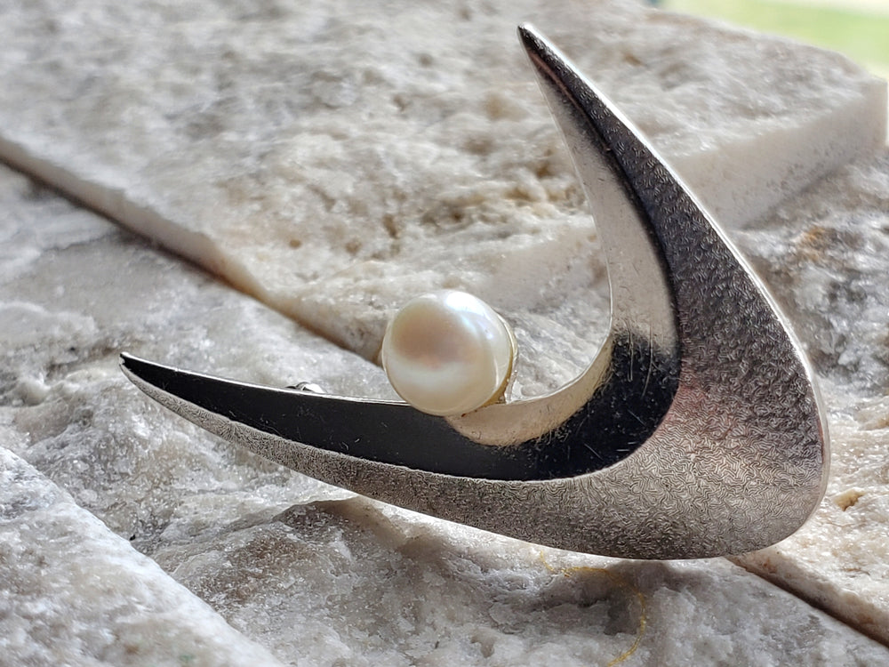 1940s Mikimoto Akoya Pearl Brooch, Sterling Silver Japanese Cultured Pearl