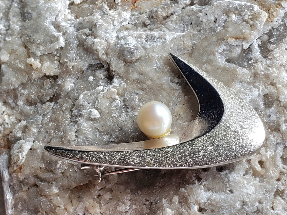 1940s Mikimoto Akoya Pearl Brooch, Sterling Silver Japanese Cultured Pearl