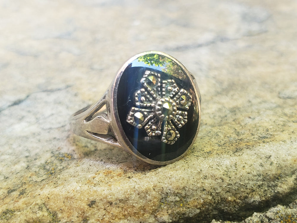 Onyx and Marcasite Statement Ring