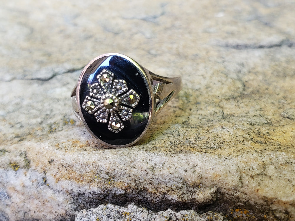 Onyx and Marcasite Statement Ring