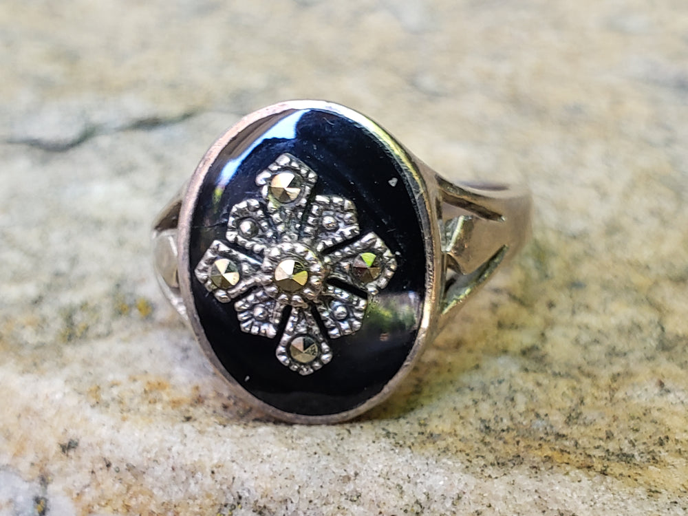 Onyx and Marcasite Statement Ring