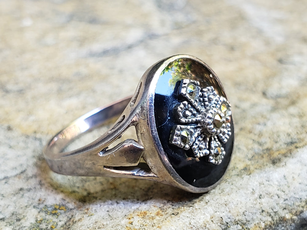 Onyx and Marcasite Statement Ring