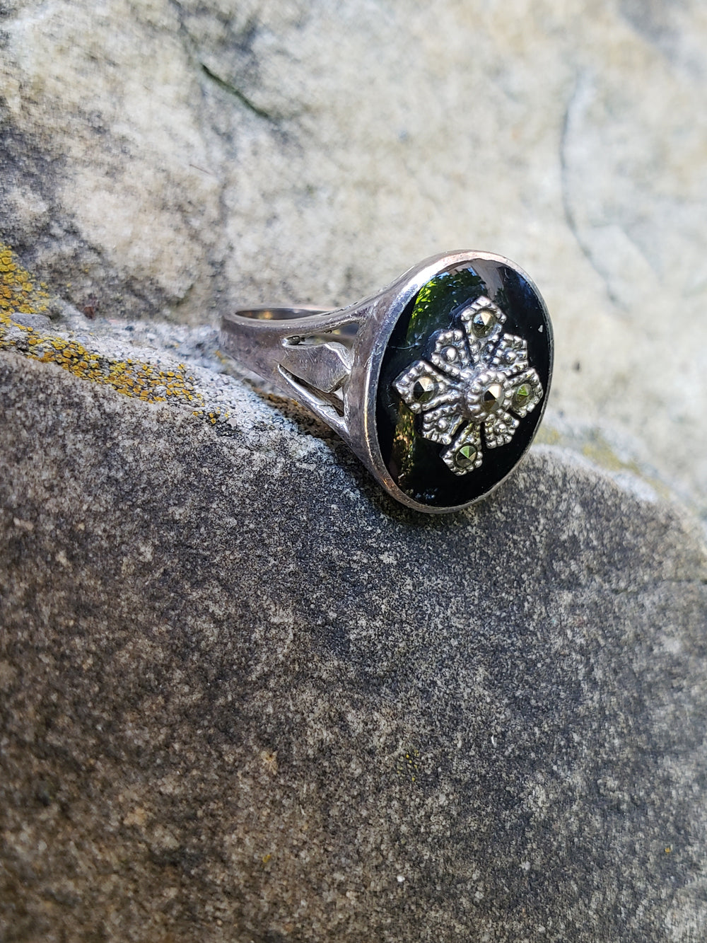 Onyx and Marcasite Statement Ring