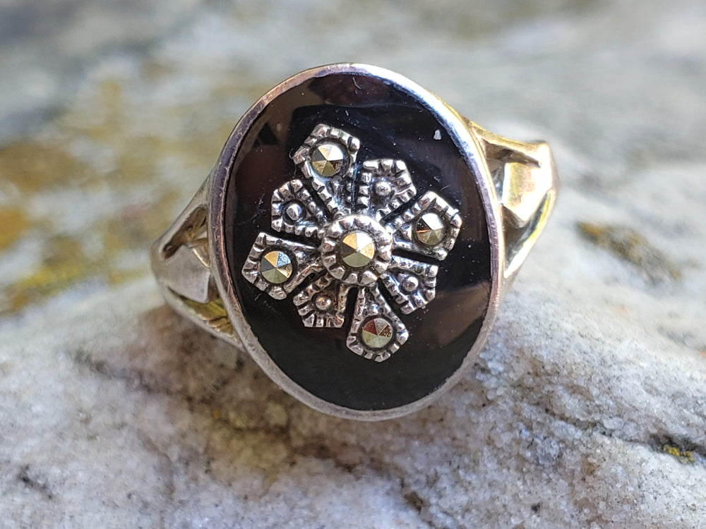 Onyx and Marcasite Statement Ring