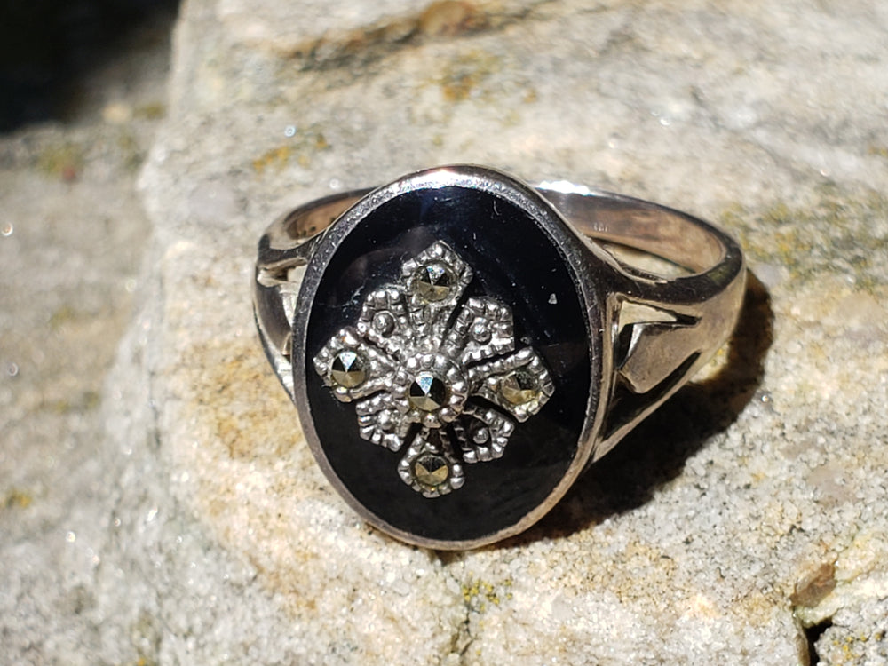 Onyx and Marcasite Statement Ring