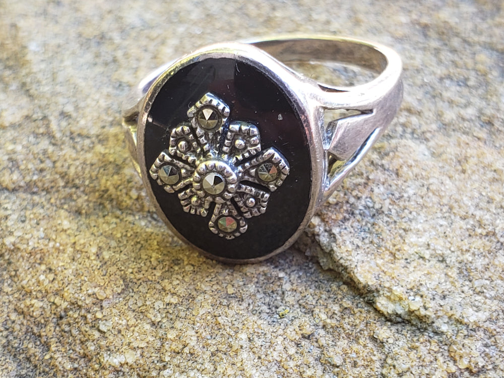 Onyx and Marcasite Statement Ring