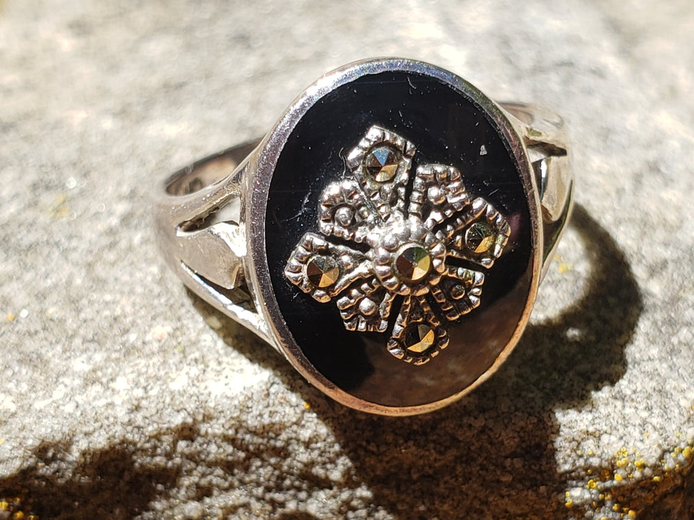 Onyx and Marcasite Statement Ring