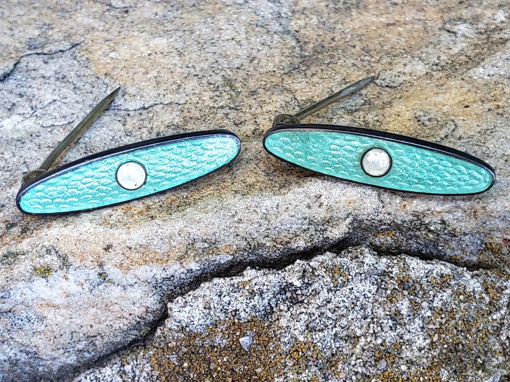Guilloche Enamelled Lingerie Pins / Enamelled Teal Blue Baby Bib Bar Pins / Antique Lingerie Bar Pins