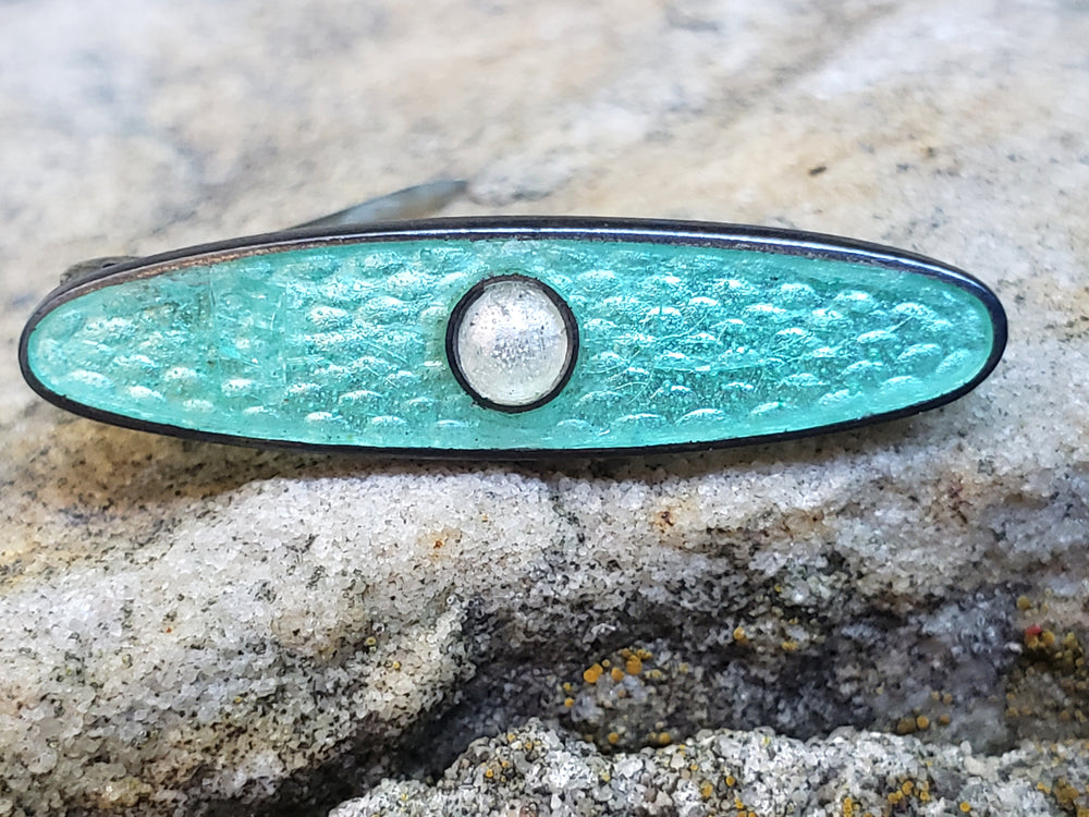 Guilloche Enamelled Lingerie Pins / Enamelled Teal Blue Baby Bib Bar Pins / Antique Lingerie Bar Pins