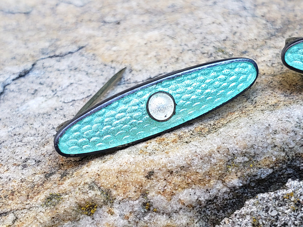 Guilloche Enamelled Lingerie Pins / Enamelled Teal Blue Baby Bib Bar Pins / Antique Lingerie Bar Pins