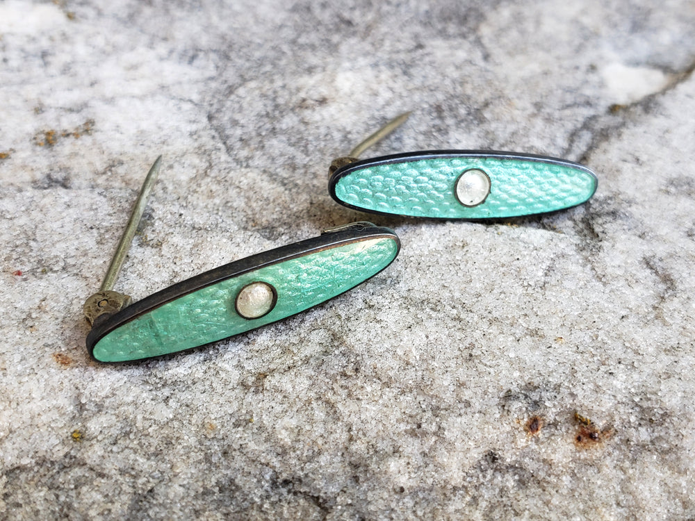 Guilloche Enamelled Lingerie Pins / Enamelled Teal Blue Baby Bib Bar Pins / Antique Lingerie Bar Pins