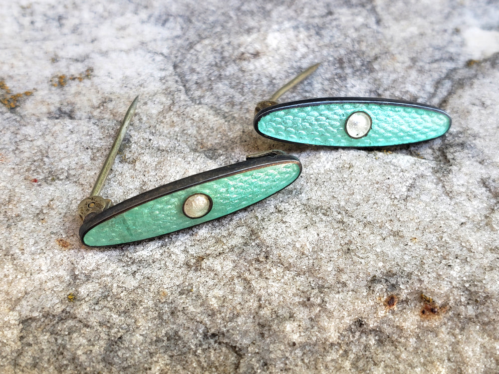 Guilloche Enamelled Lingerie Pins / Enamelled Teal Blue Baby Bib Bar Pins / Antique Lingerie Bar Pins