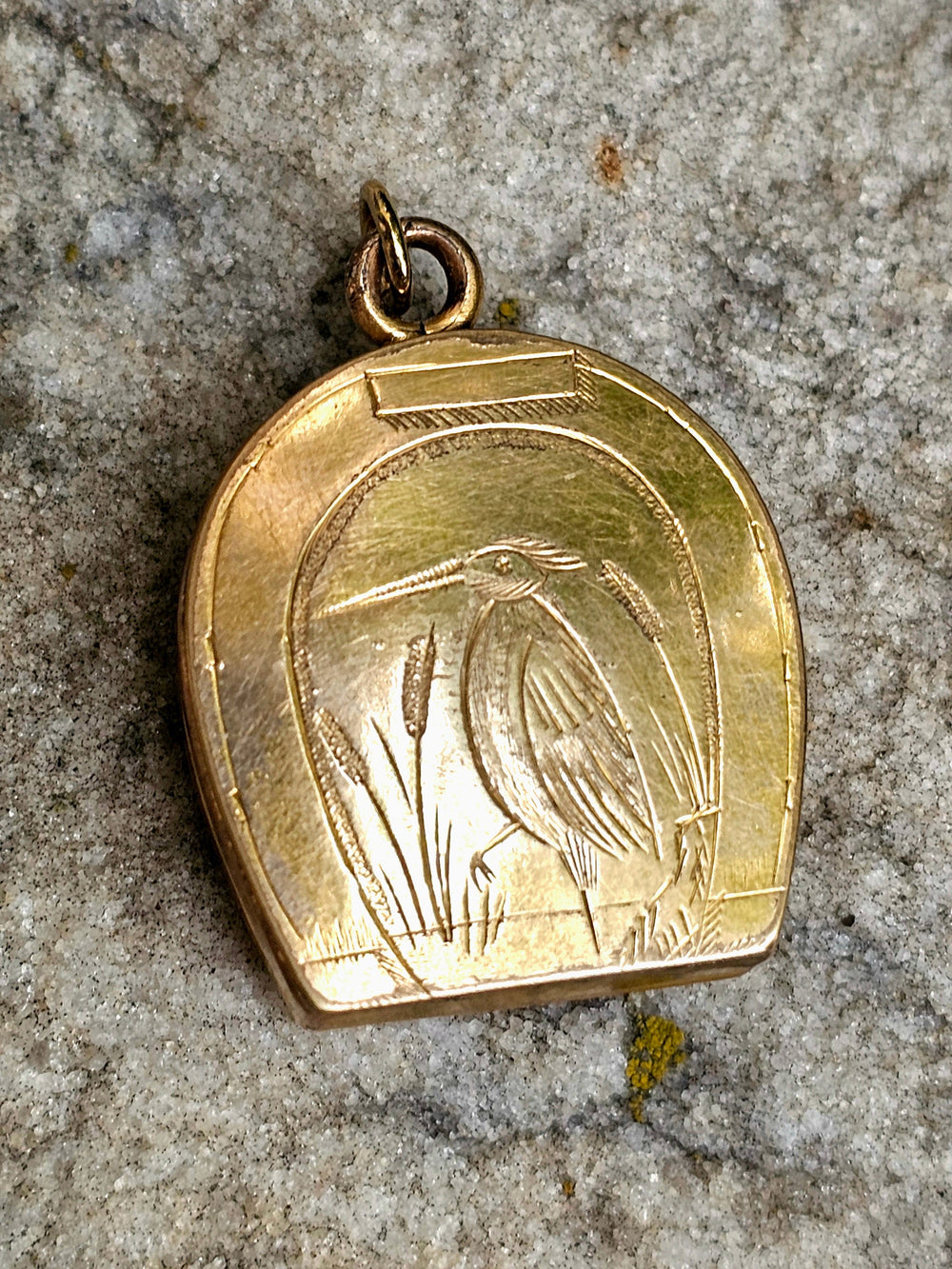 Victorian Horseshoe Gold Filled Locket / Heron Engraved Locket