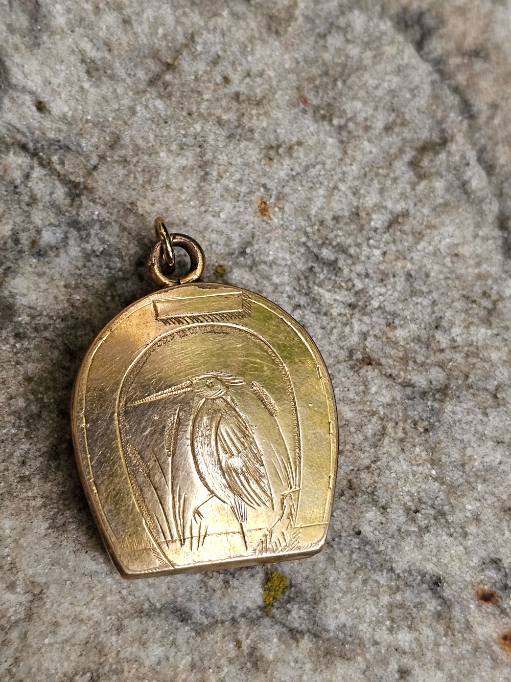 Victorian Horseshoe Gold Filled Locket / Heron Engraved Locket