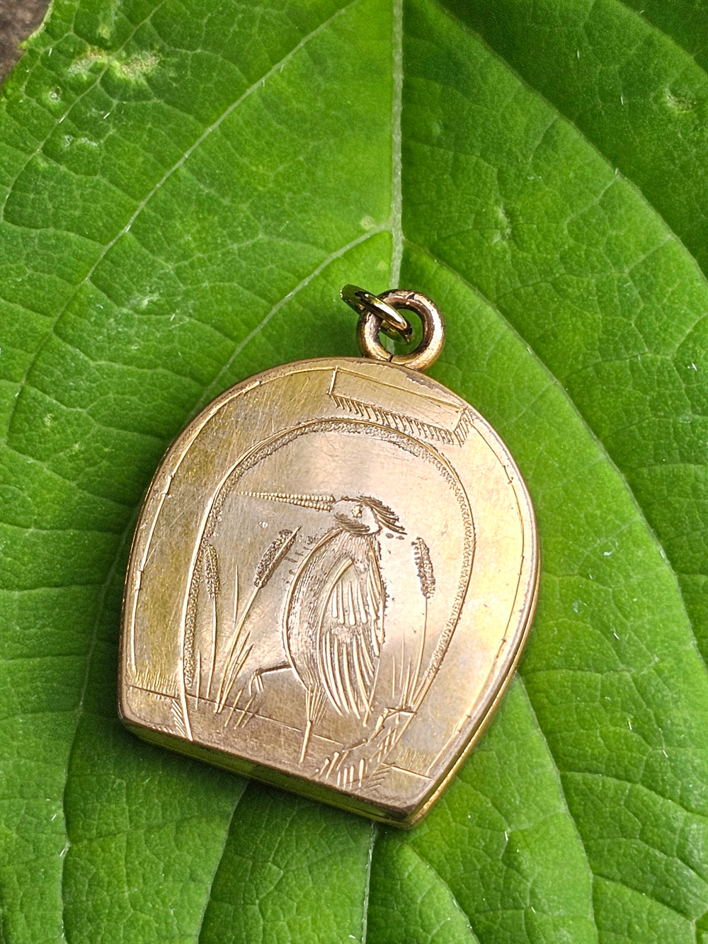 Victorian Horseshoe Gold Filled Locket / Heron Engraved Locket