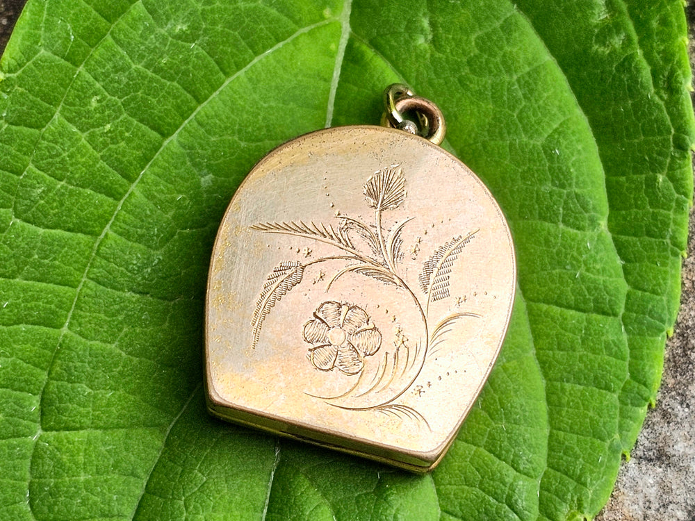 Victorian Horseshoe Gold Filled Locket / Heron Engraved Locket