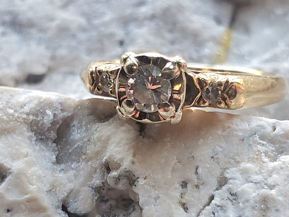 Vintage Diamond Engagement Ring / Three Stone Diamond Engagement Ring