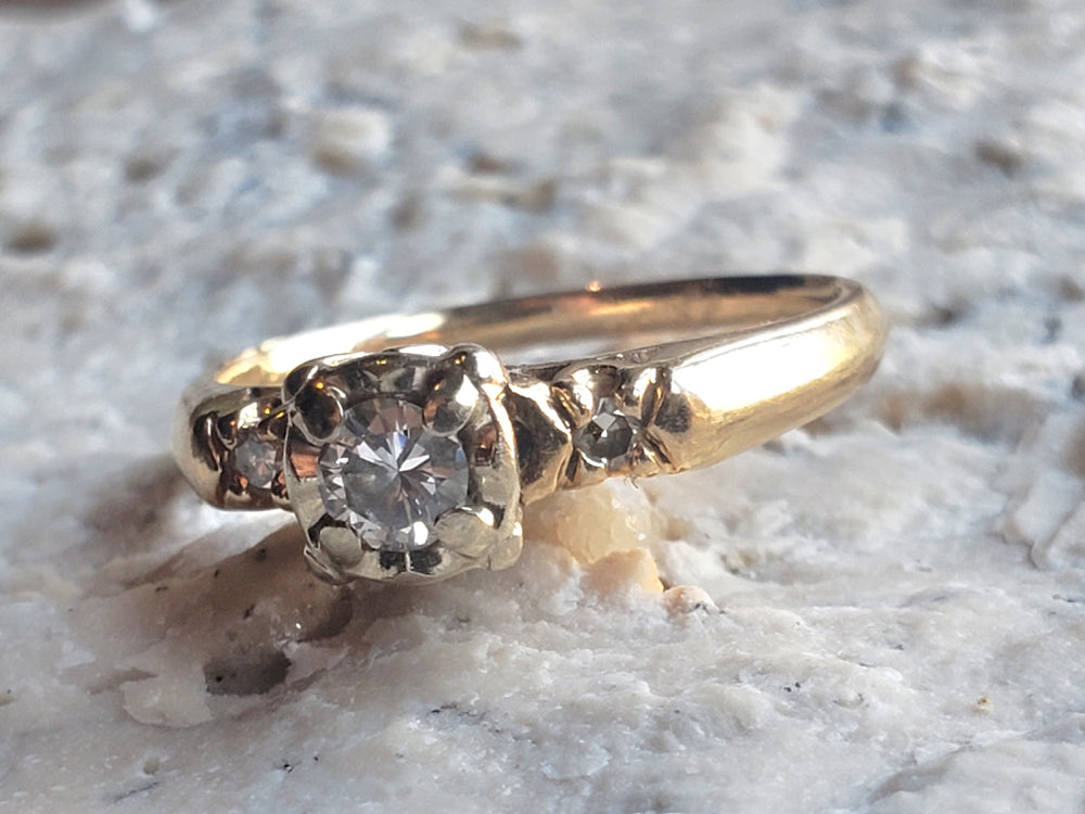 Vintage Diamond Engagement Ring / Three Stone Diamond Engagement Ring