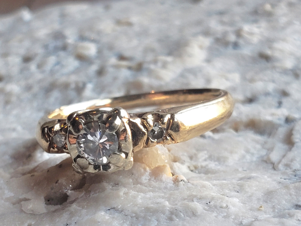 Vintage Diamond Engagement Ring / Three Stone Diamond Engagement Ring