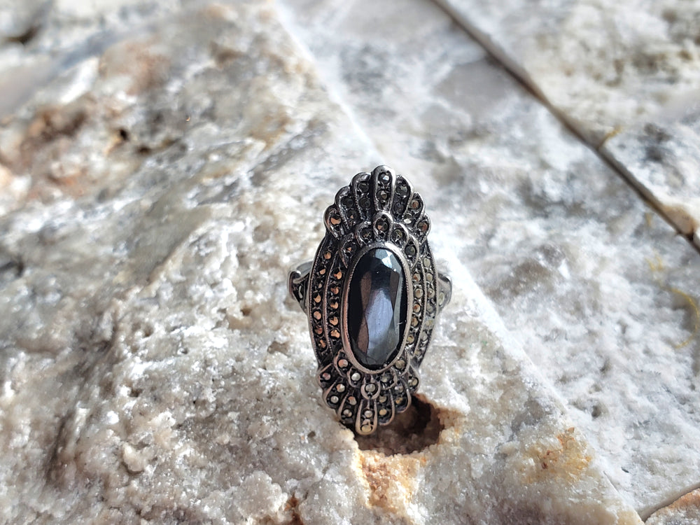 Hematite and Marcasite Sterling Silver Ring / Art Deco Pinky Ring