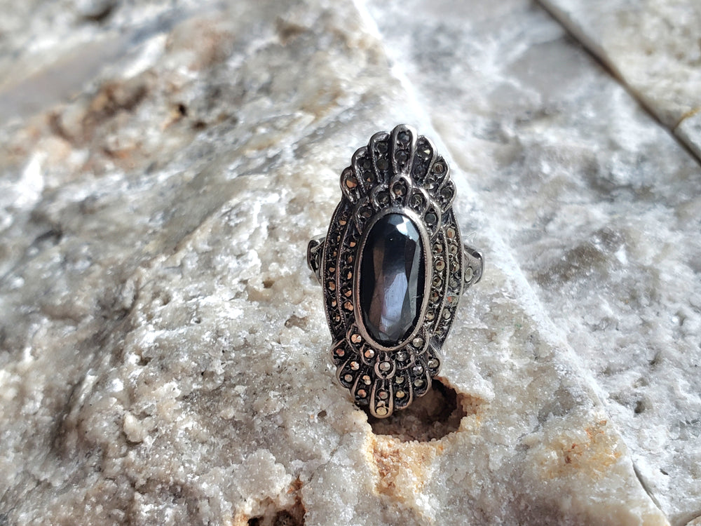 Hematite and Marcasite Sterling Silver Ring / Art Deco Pinky Ring