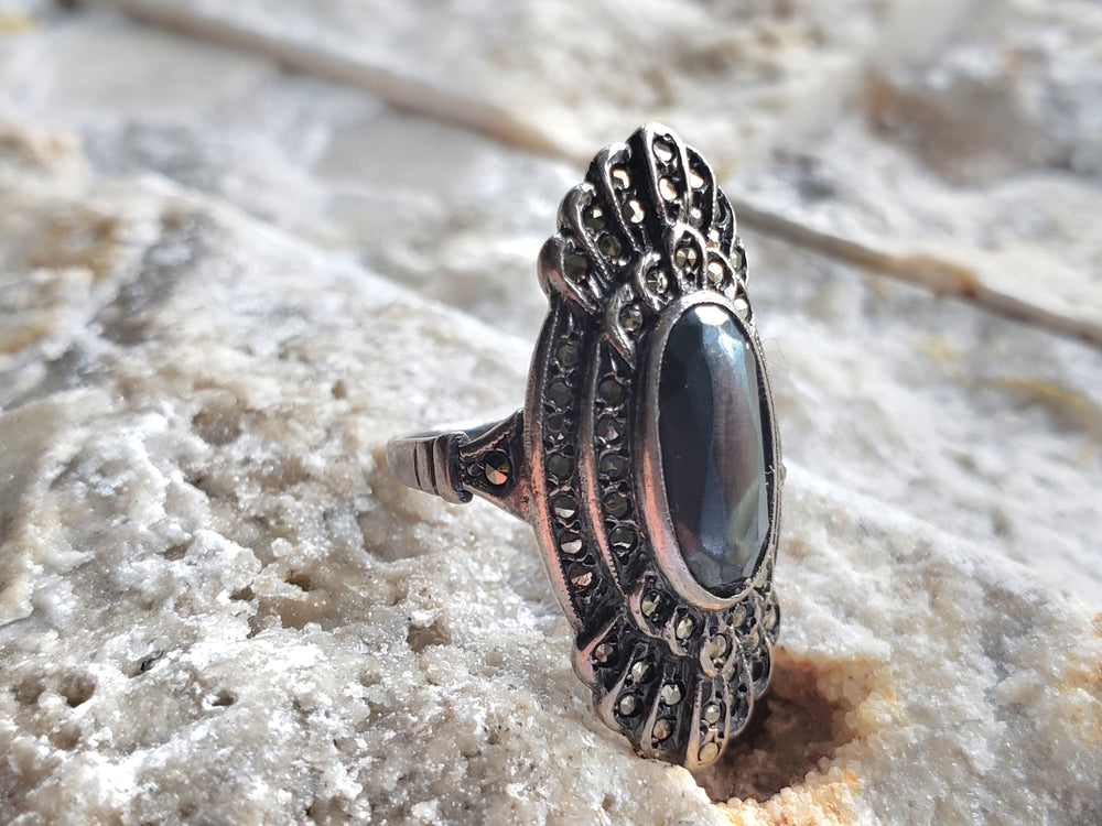 Hematite and Marcasite Sterling Silver Ring / Art Deco Pinky Ring