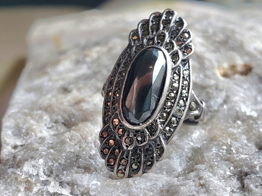 Hematite and Marcasite Sterling Silver Ring / Art Deco Pinky Ring