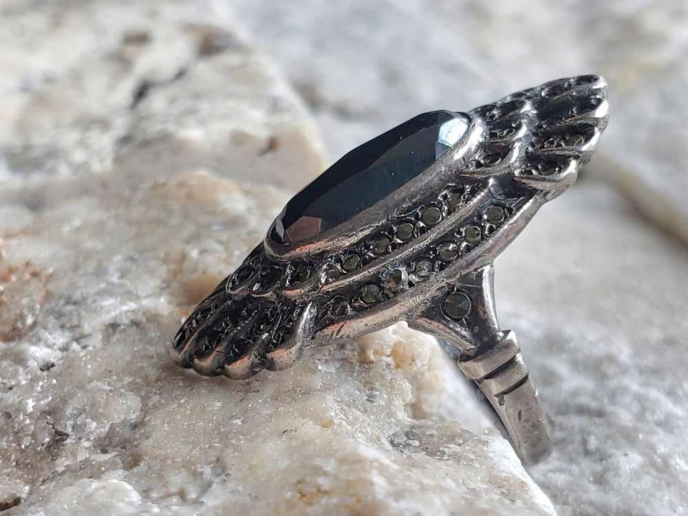 Hematite and Marcasite Sterling Silver Ring / Art Deco Pinky Ring