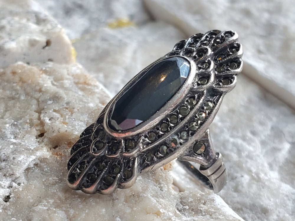 Hematite and Marcasite Sterling Silver Ring / Art Deco Pinky Ring