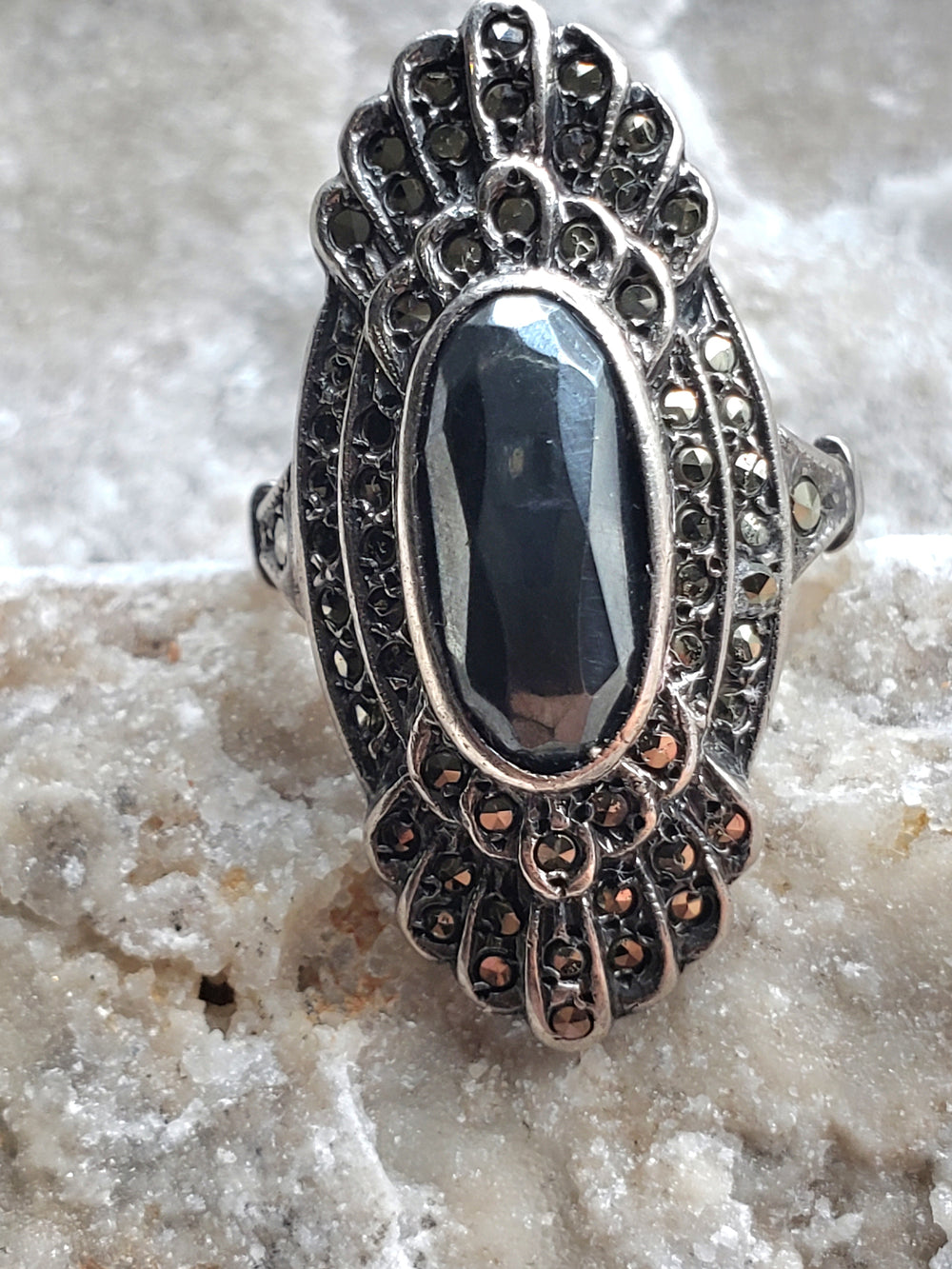 Hematite and Marcasite Sterling Silver Ring / Art Deco Pinky Ring