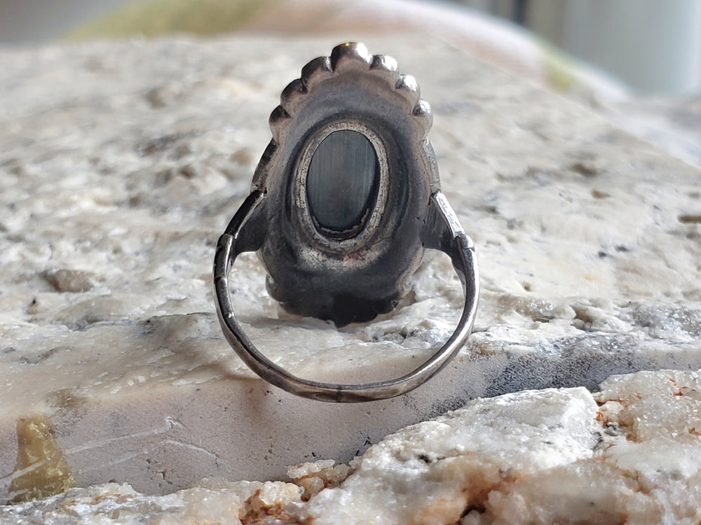Hematite and Marcasite Sterling Silver Ring / Art Deco Pinky Ring