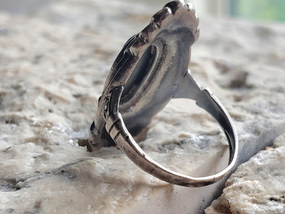 Hematite and Marcasite Sterling Silver Ring / Art Deco Pinky Ring