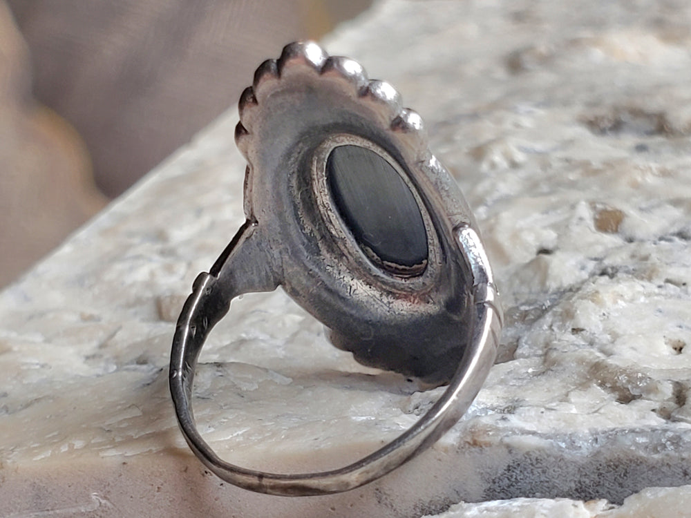 Hematite and Marcasite Sterling Silver Ring / Art Deco Pinky Ring