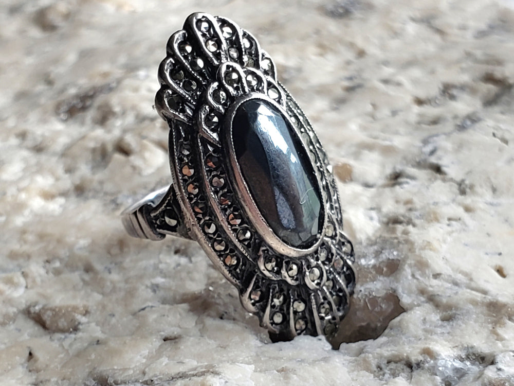 Hematite and Marcasite Sterling Silver Ring / Art Deco Pinky Ring