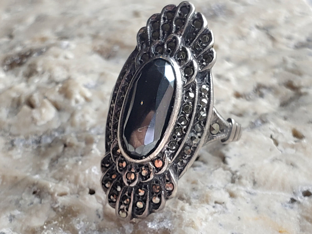 Hematite and Marcasite Sterling Silver Ring / Art Deco Pinky Ring