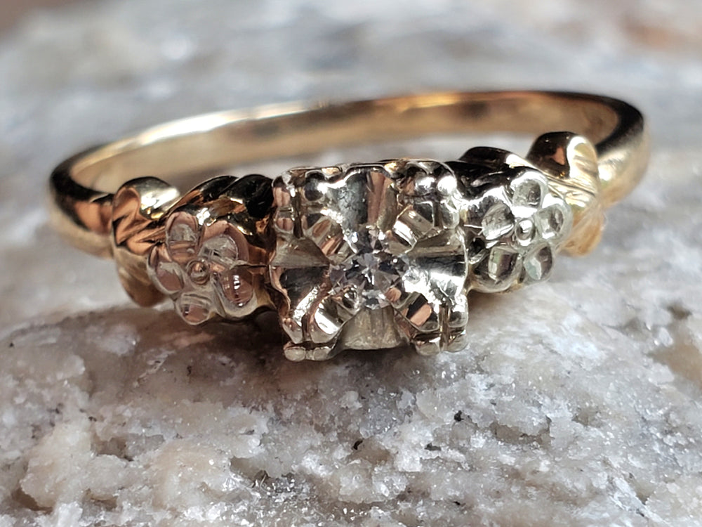 Art Deco Engagement Ring with Natural Diamond / Forget-me-not Floral Engagement Ring