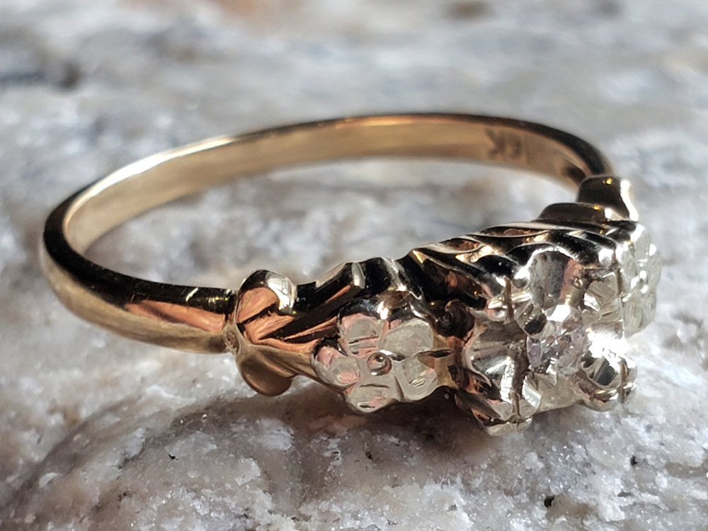 Art Deco Engagement Ring with Natural Diamond / Forget-me-not Floral Engagement Ring