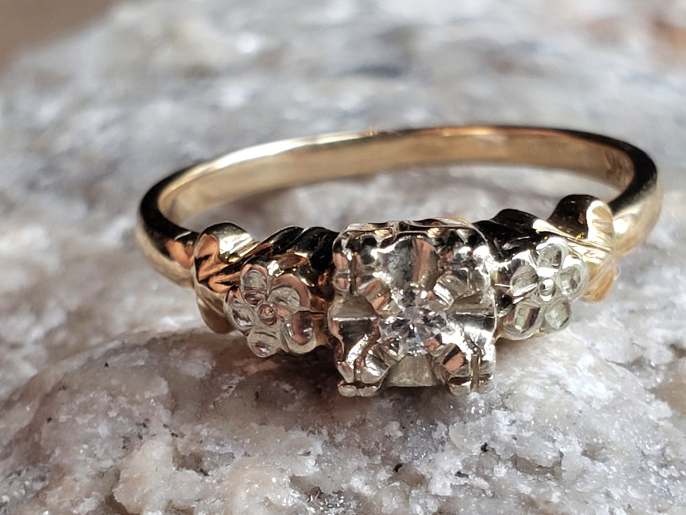 Art Deco Engagement Ring with Natural Diamond / Forget-me-not Floral Engagement Ring