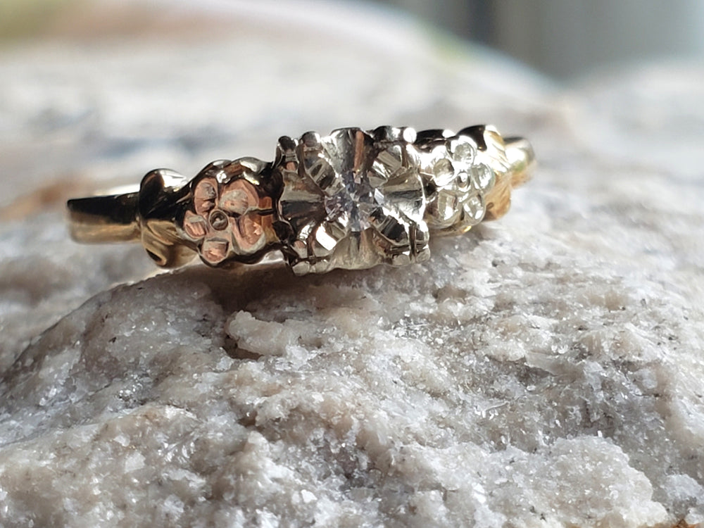 Art Deco Engagement Ring with Natural Diamond / Forget-me-not Floral Engagement Ring